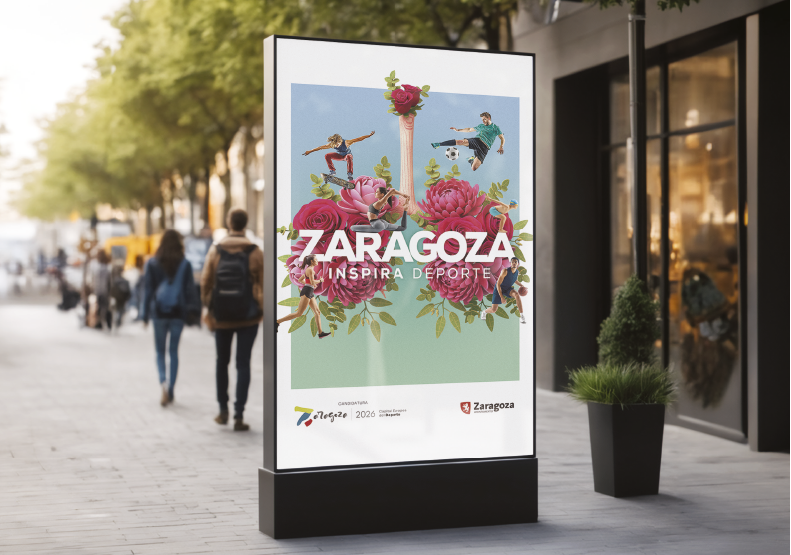 Imagen de una valla publicitaria con la gráfica de la campaña ZARAGOZA INSPIRA DEPORTE