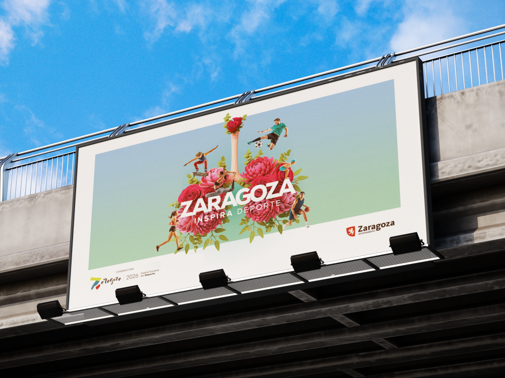 Imagen de una valla publicitaria con la gráfica de la campaña ZARAGOZA INSPIRA DEPORTE